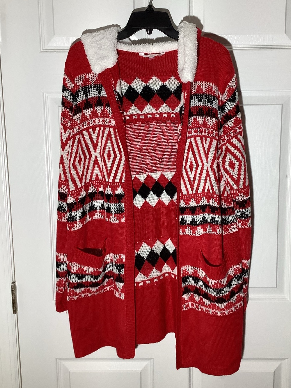 Red Geometric Hooded Knit Cardigan Sweater, 34 inches long, size XL